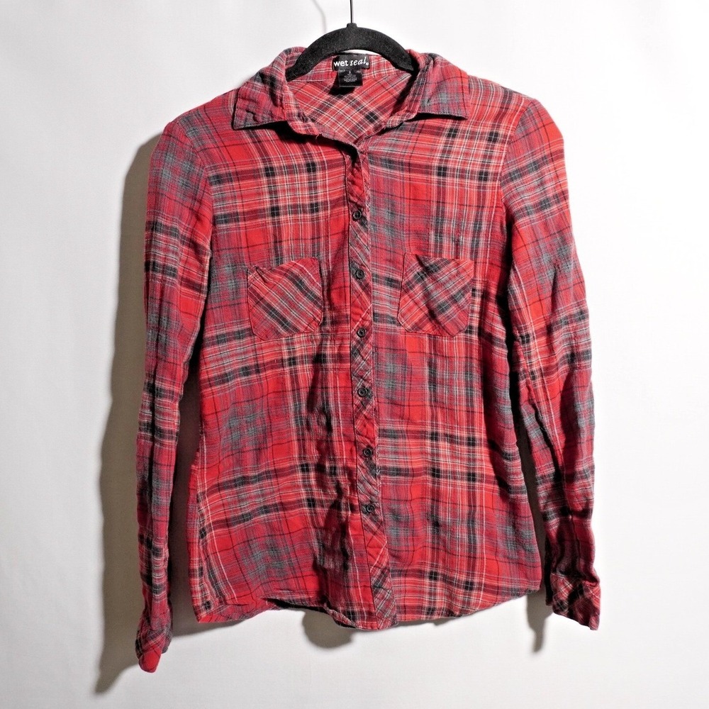 VTG‎ Wet Seal Red Plaid Button Up Bella Swan Grunge Long Sleeve Indie PNW S